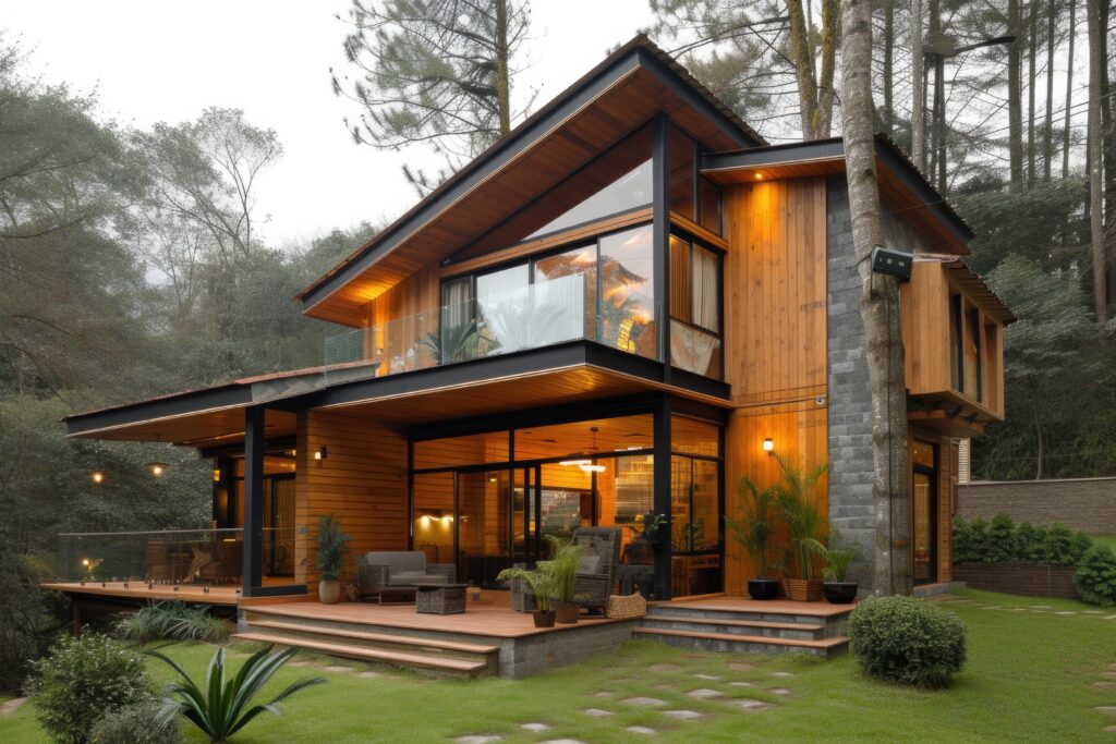 photorealistic wooden house with timber structure